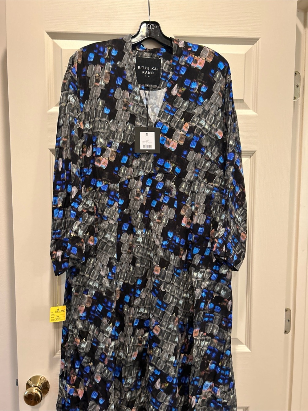 Bitte Kai Rand Black Long-Sleeve Maxi Dress with Blue & Gray Abstract Print